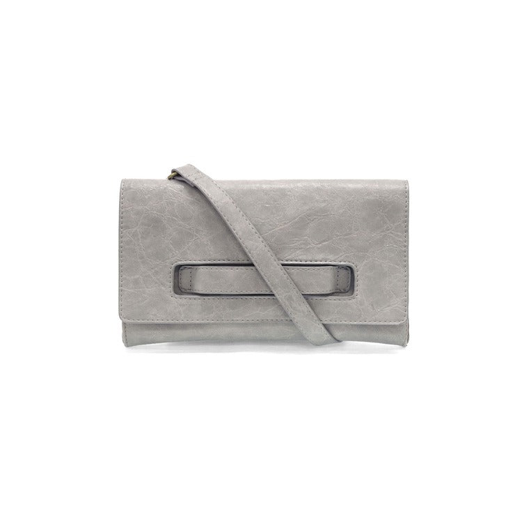 Gray suede clutch bag with a strap on a white background