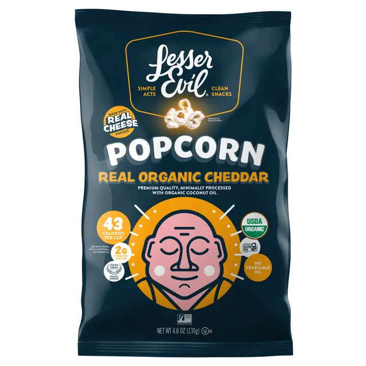 Popcorn bag with 'Lesser Evil' branding on a white background