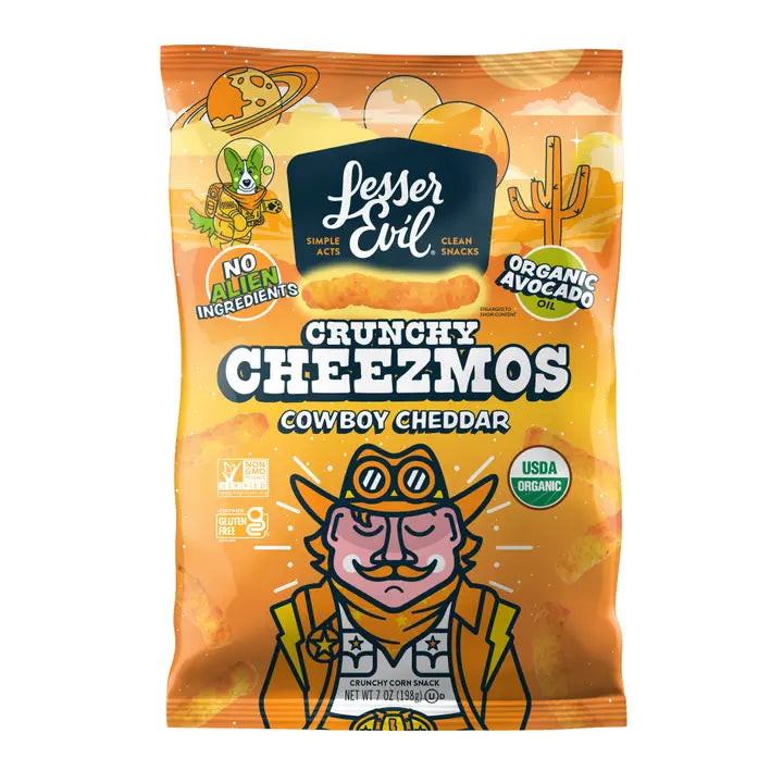 Packaging of Jesse Evil Crunchy Cheezmos Cowboy Cheddar snacks with colorful design and text.