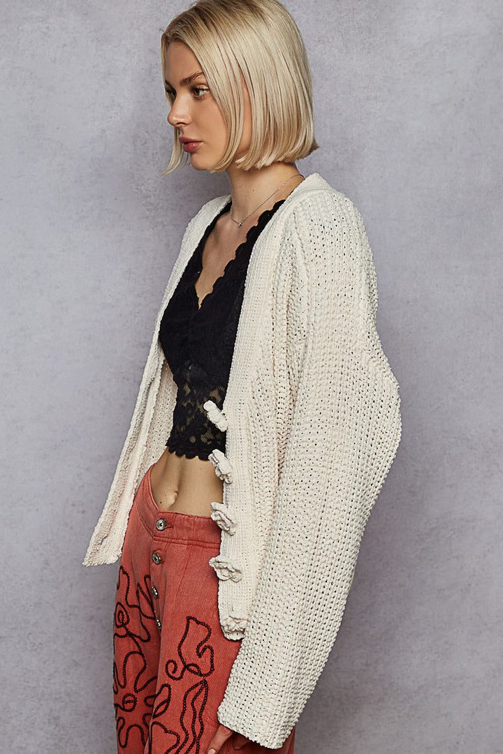 Chenille Knit Cardigan with Flower Buttons in Cream