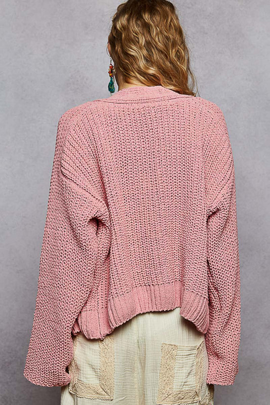 Chenille Knit Cardigan with Flower Buttons in Rose Pink