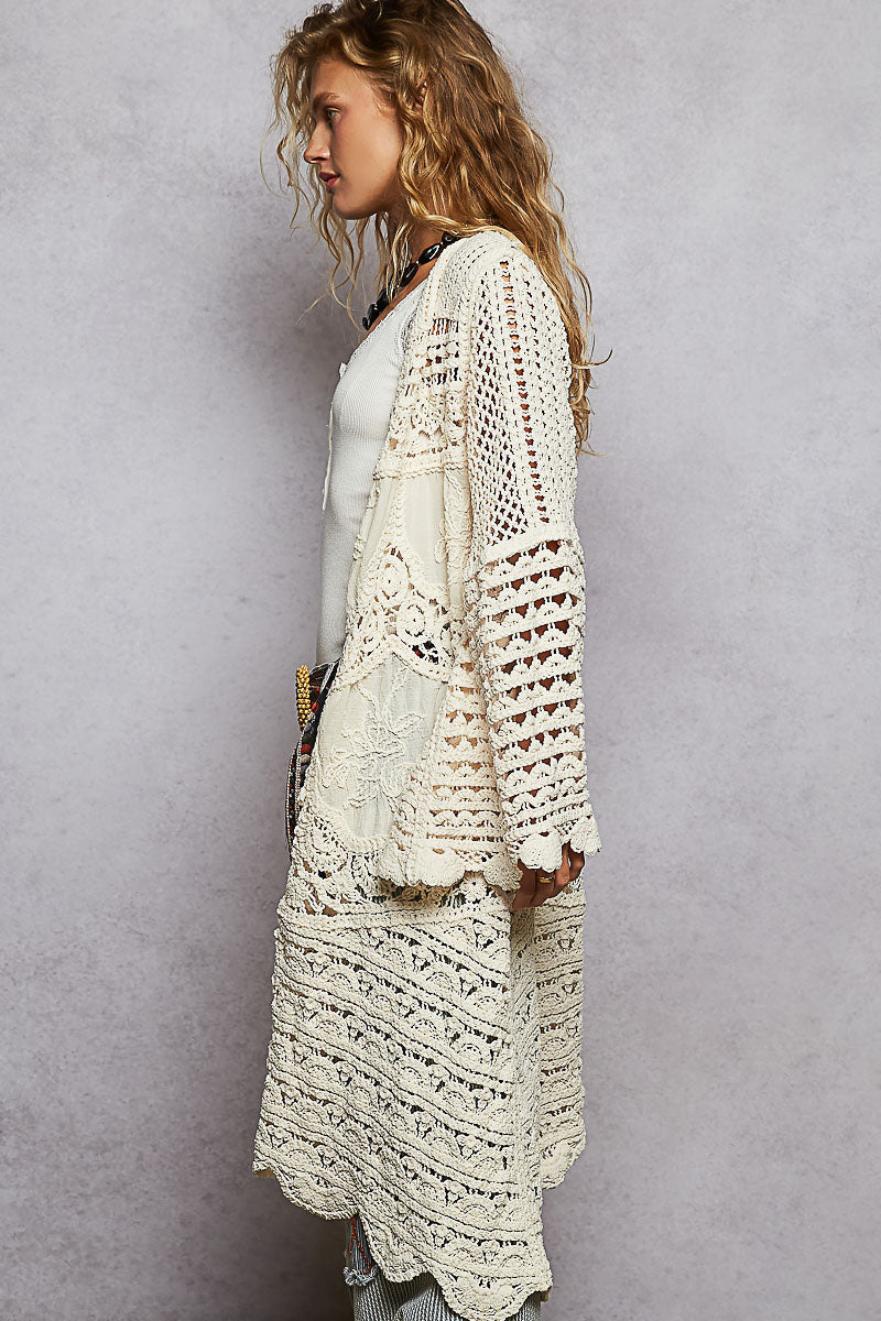 Chenille Crochet Long Cardigan in Cream
