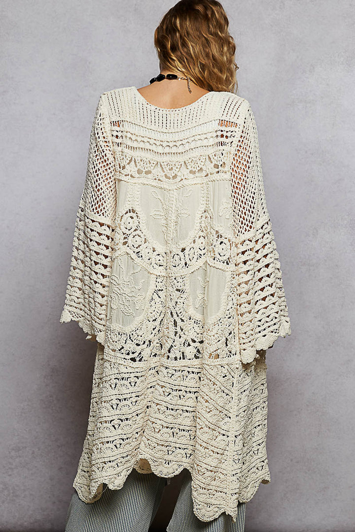 Chenille Crochet Long Cardigan in Cream