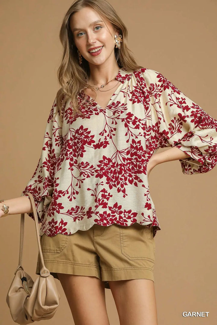 Cherry Blossom Scalloped Hem Blouse