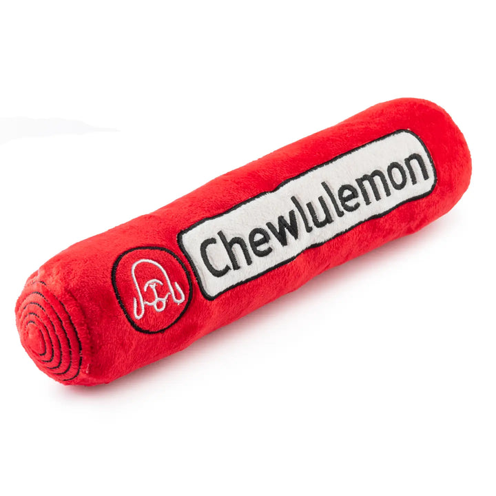 Red dog toy with 'Chewlulemon' branding on a white background