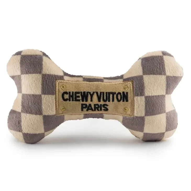 Checker Chewy Viuton Bone Squeaker Dog Toy