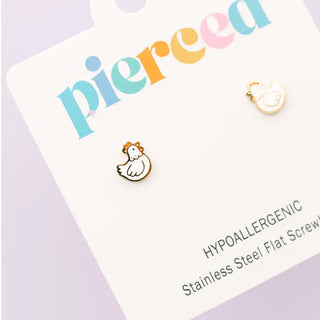 Water Resistant Flat Screwback Earrings- Chicken