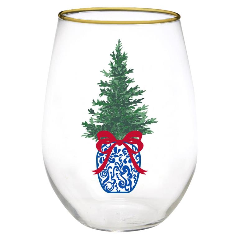 Clear wine glass with gold rim featuring a Christmas tree design on a white background