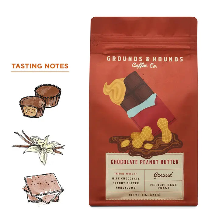 Grounds & Hounds Coffee Co. Chocolate Peanut Butter coffee package with tasting notes illustration.