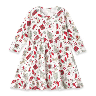 white girls twirl dress with whimsical christmas pattern featuring gifts, stockings, ice skates, and trees