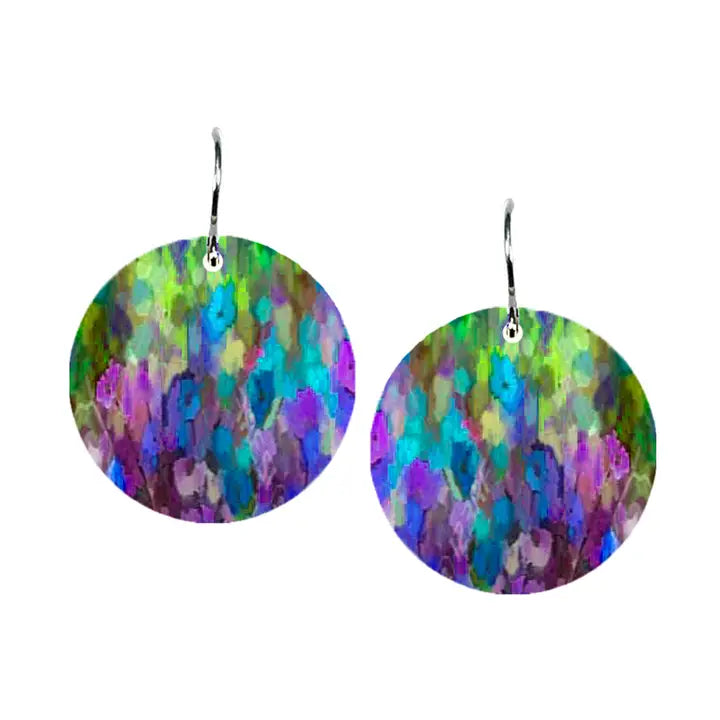 Colorful abstract patterned earrings on a white background