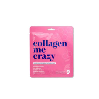 A pink single-use sachet of Collagen Me Crazy deeply hydrating bio-collagen mask, featuring bold blue text and a small white sheet icon on a plain white background.