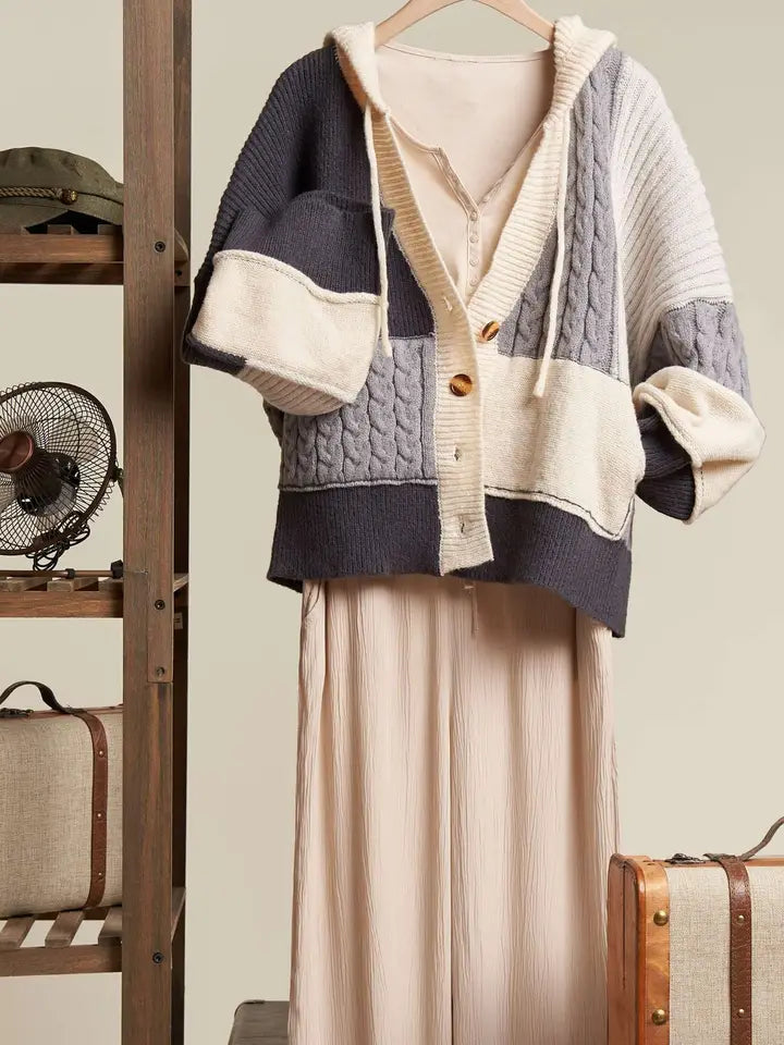 Gray Colorblock Hooded Cardigan