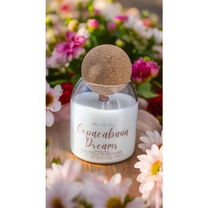 White Candle with wooden wick and round cork topper