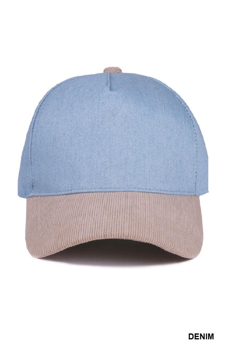 Blue and beige cap on a white background with 'Denim' label.