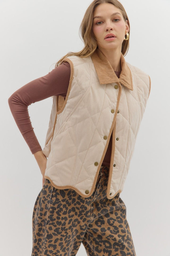 Corduroy Quilted Vest in Ecru