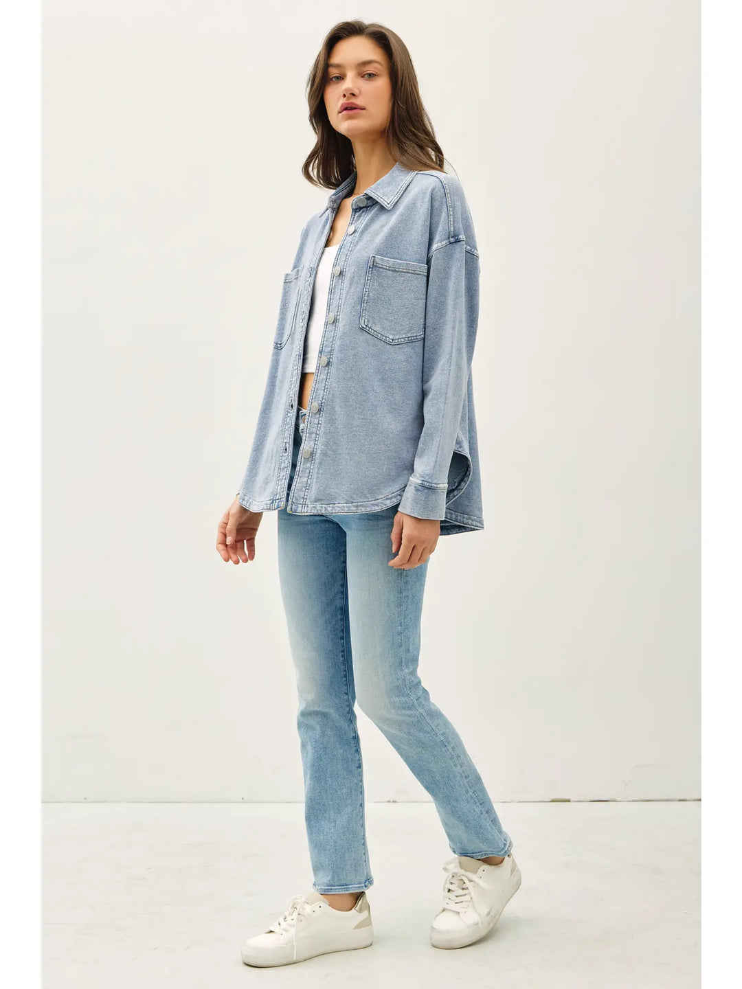 Cotton Fleece Oversized Shacket in Light Denim