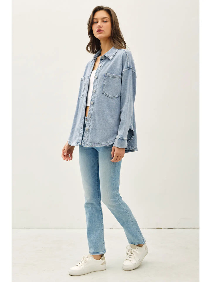 Cotton Fleece Oversized Shacket in Light Denim