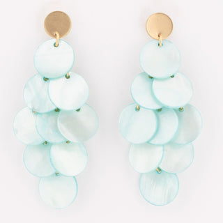 Pair of light blue beaded earrings with gold circular tops on a white background