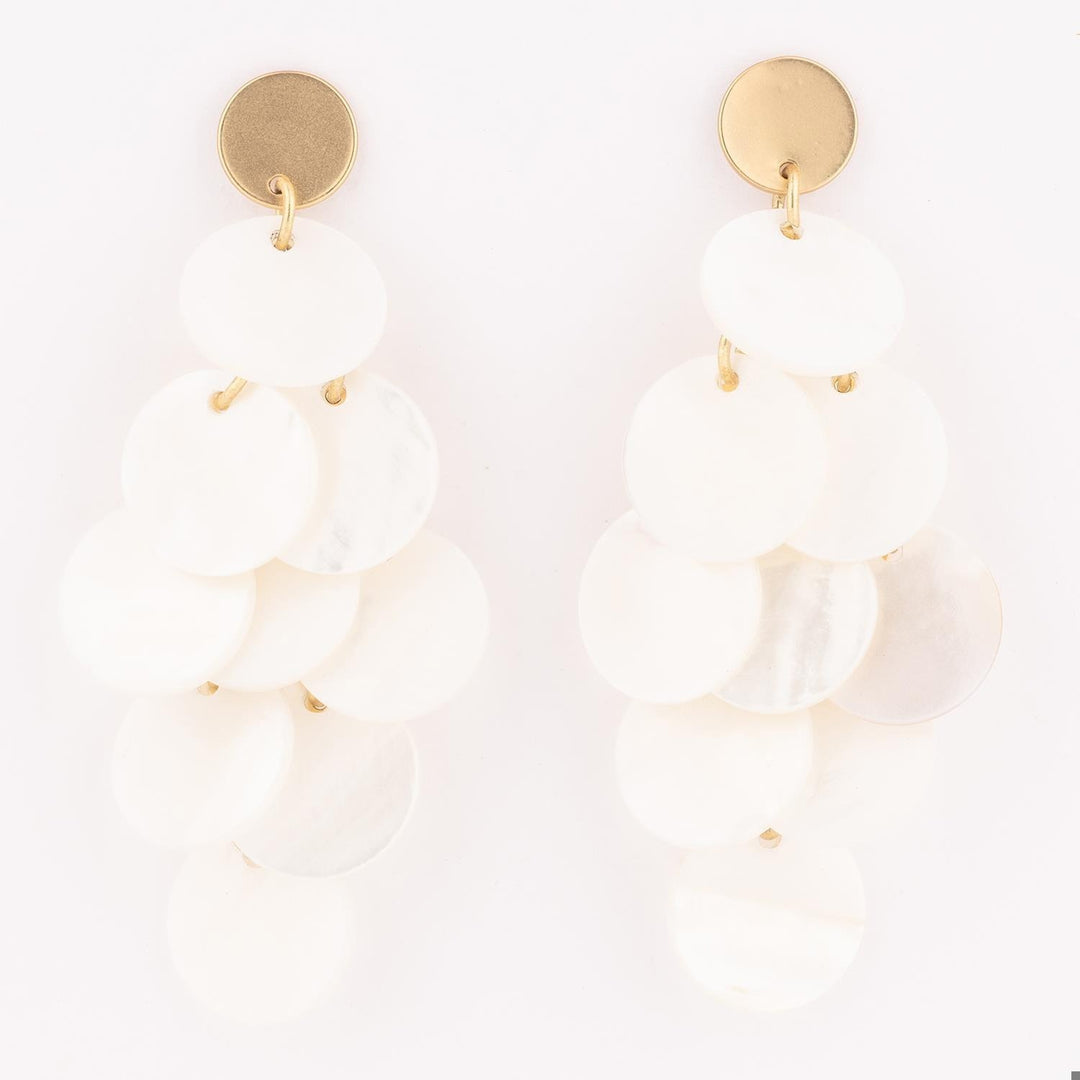 Gold earrings with circular tops on a white background