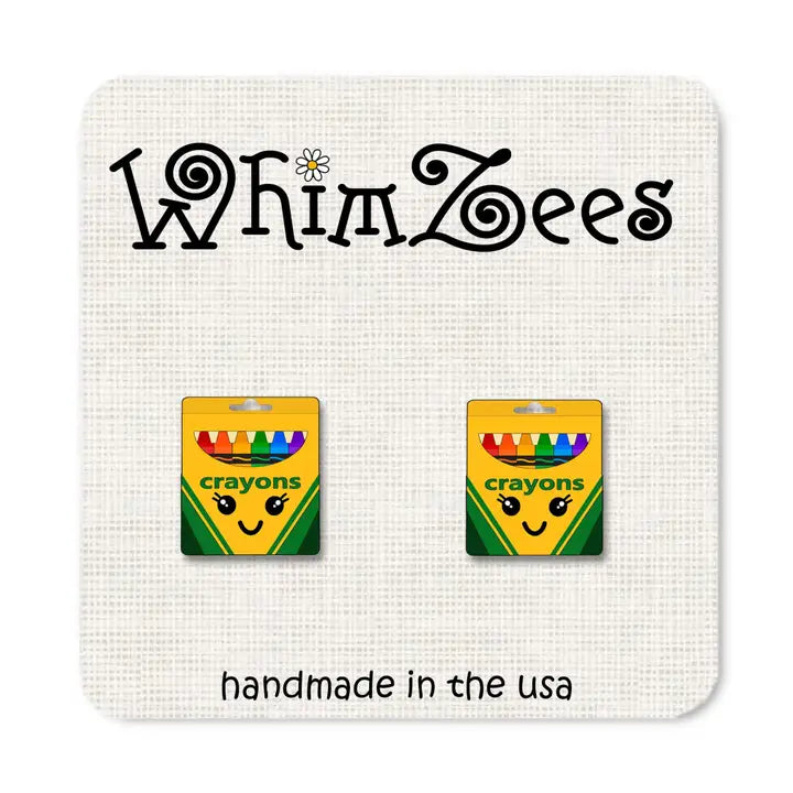 Crayon-shaped earrings on a branded card with 'WhimZees' logo.