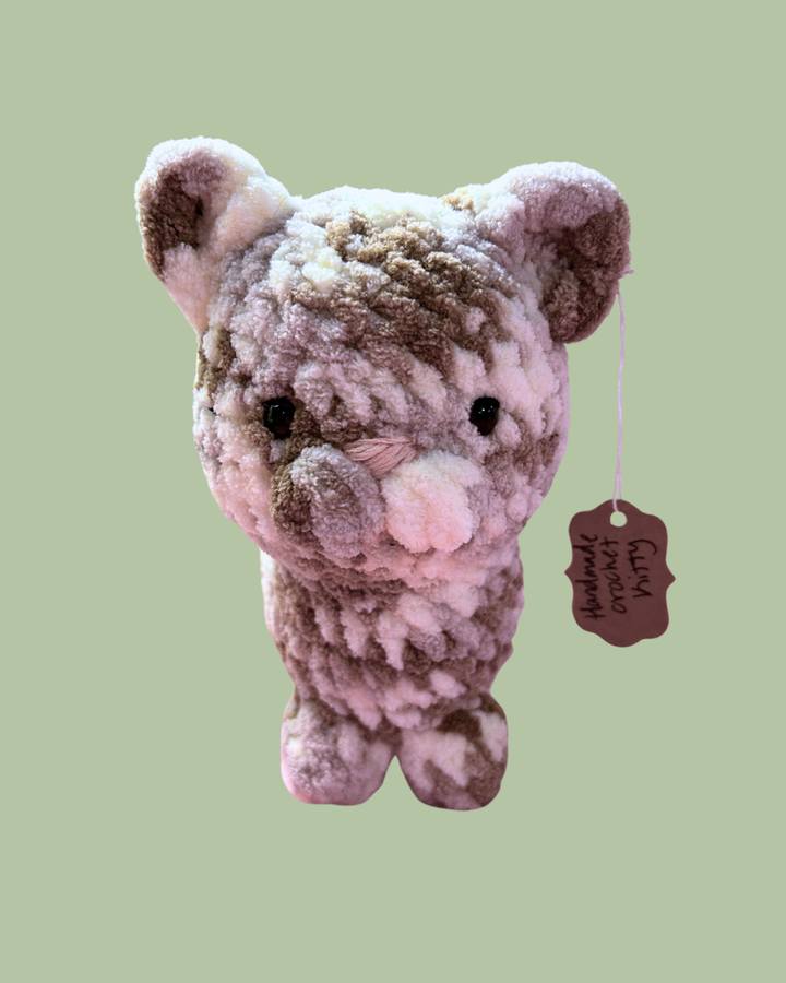 Plush bear toy with a tag on a light green background