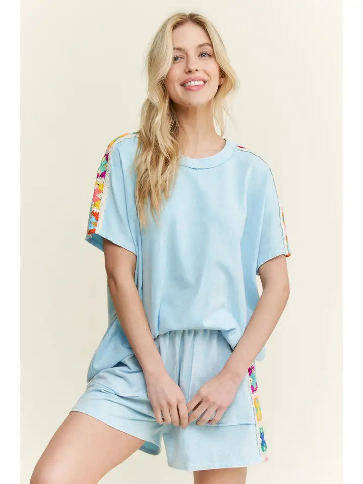 Mineral Washed Crochet Patch Side Trim Top in Baby Blue