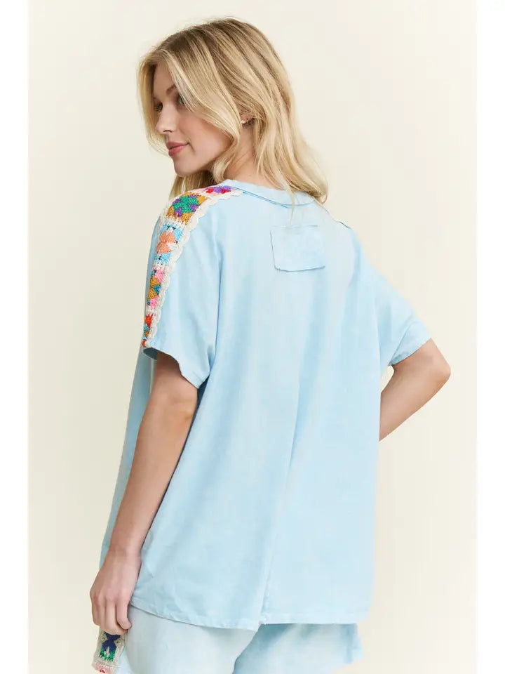 Mineral Washed Crochet Patch Side Trim Top in Baby Blue