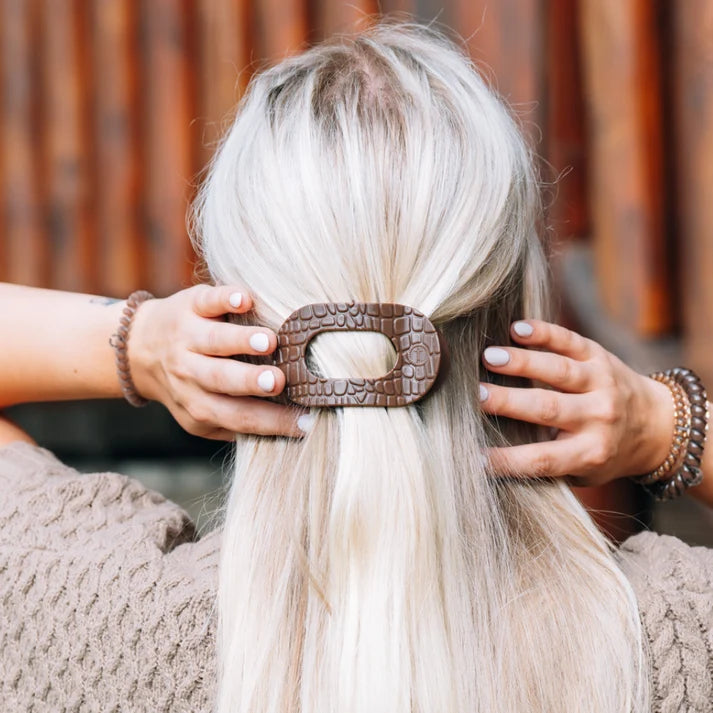Teleties Flat Round Hair Clip- Brown Crocodile