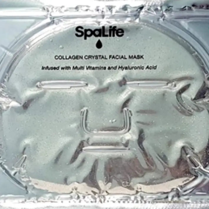 SpaLife collagen crystal facial mask packaging with text on a white background