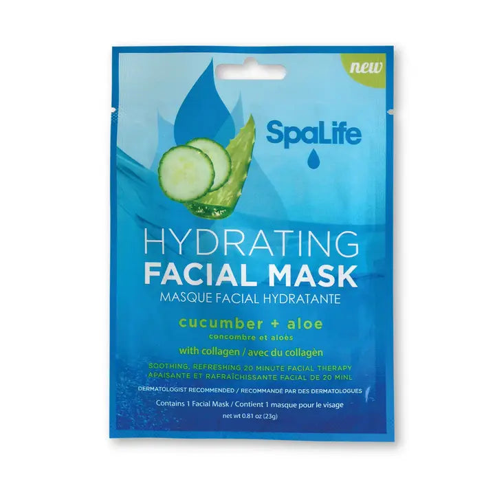 SpaLife hydrating facial mask packaging with cucumber and aloe imagery on a blue background