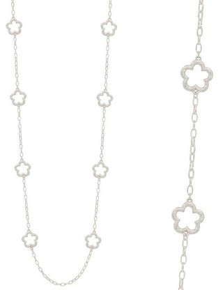 Silver chain necklace with clover-shaped links on a white background