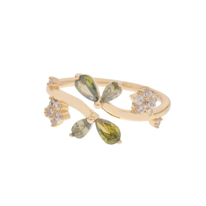 Dainty Gold Green Leaf Adjustable Ring