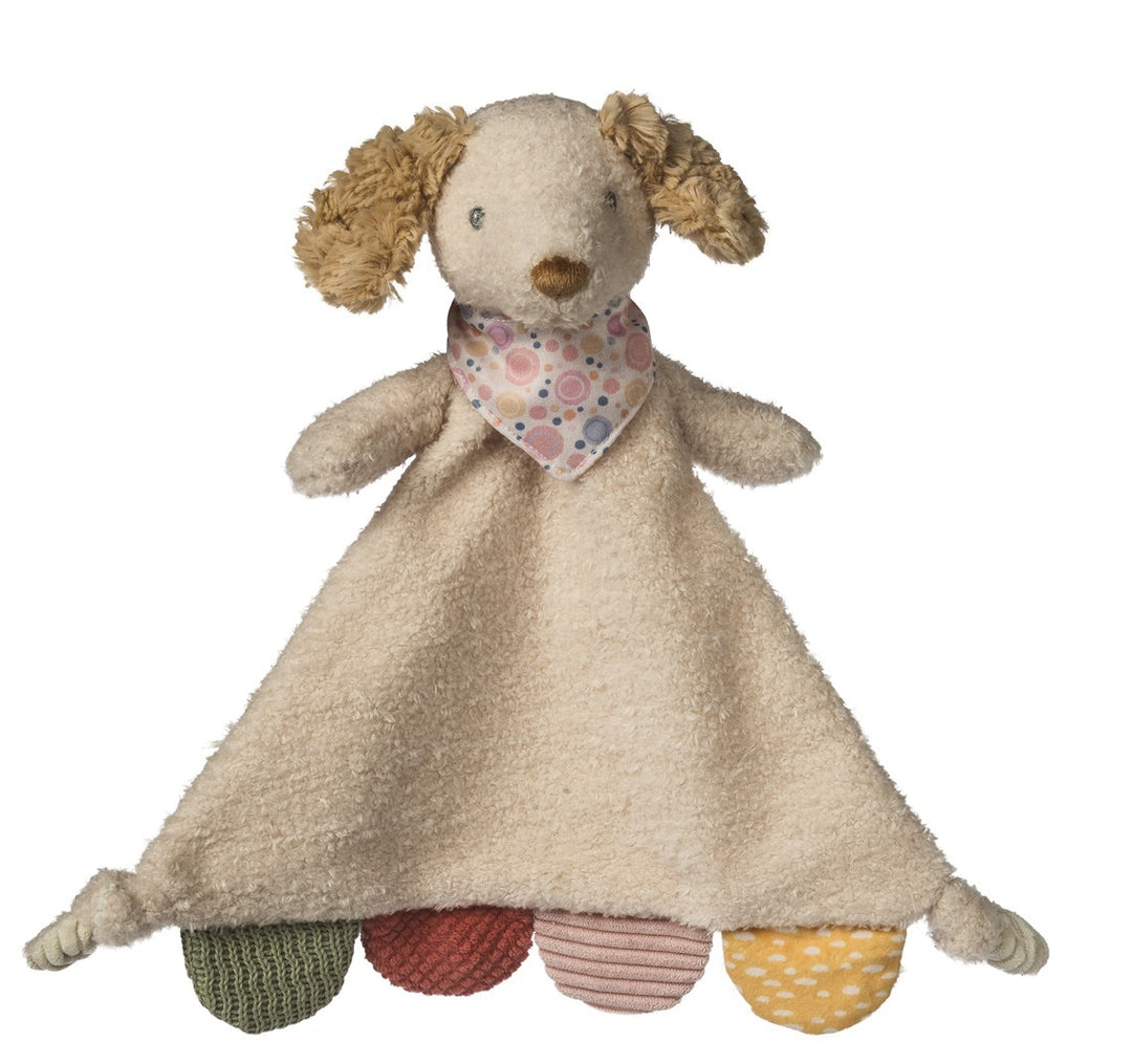 Dog-shaped comfort blanket with colorful legs on a white background