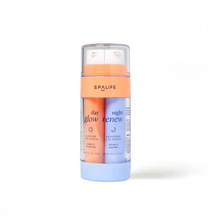 SpaLife eye serum packaging with day glow and night renew labels on a white background