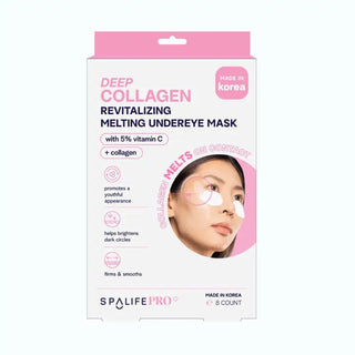 A boxed skincare product labeled 'DEEP COLLAGEN REVITALIZING MELTING UNDEREYE MASK' by SPALIFE PRO, shown against a very light gray background. The package is predominantly white with pink accents and includes a printed photo of a woman wearing under-eye patches.