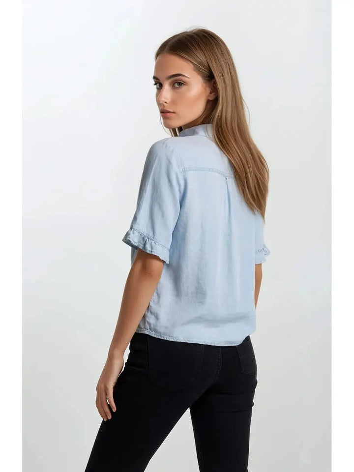 Denim V-Neck Ruffle Sleeve Shirt
