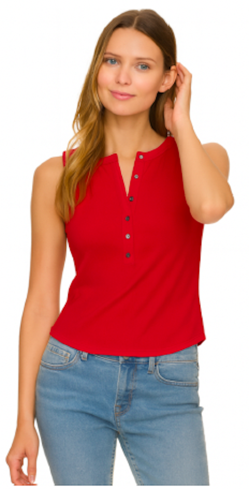 Woman wearing a red sleeveless top with buttons and blue jeans on a white background