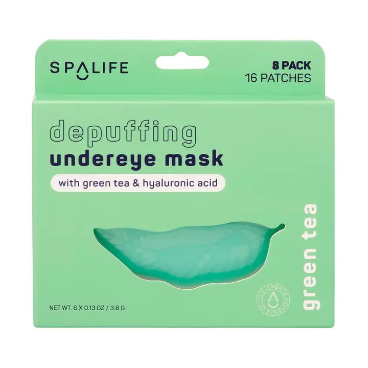 Spa Life depuffing undereye mask packaging with green tea and hyaluronic acid on a white background