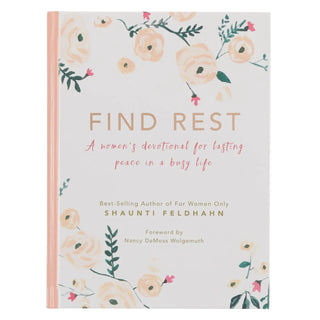 Book titled 'Find Rest' with floral design on a white background