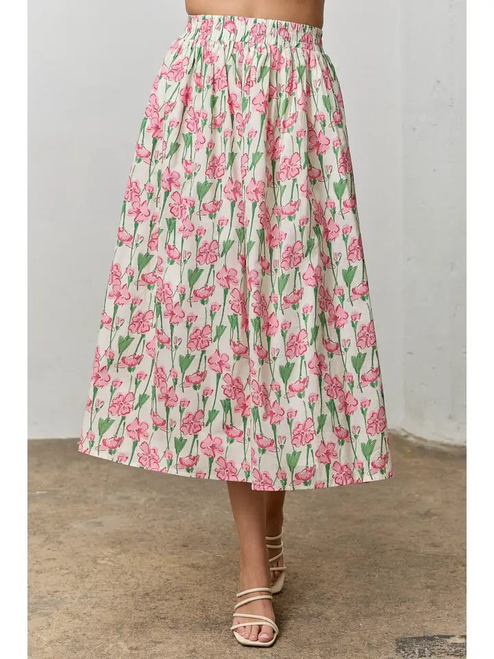 Floral patterned skirt worn by a person on a plain background