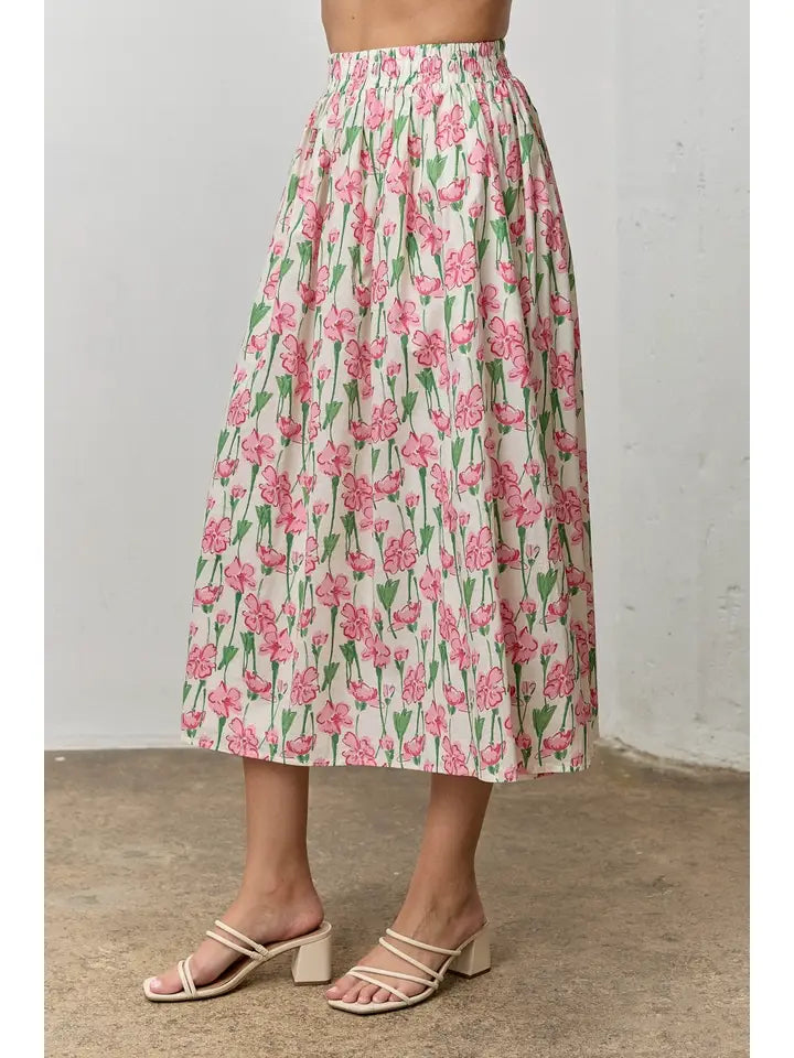 Ditsy Floral A-Line Midi Skirt in Pink