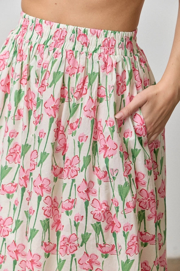 Ditsy Floral A-Line Midi Skirt in Pink