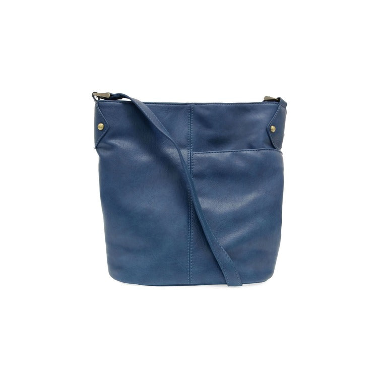 Blue leather handbag with a strap on a white background