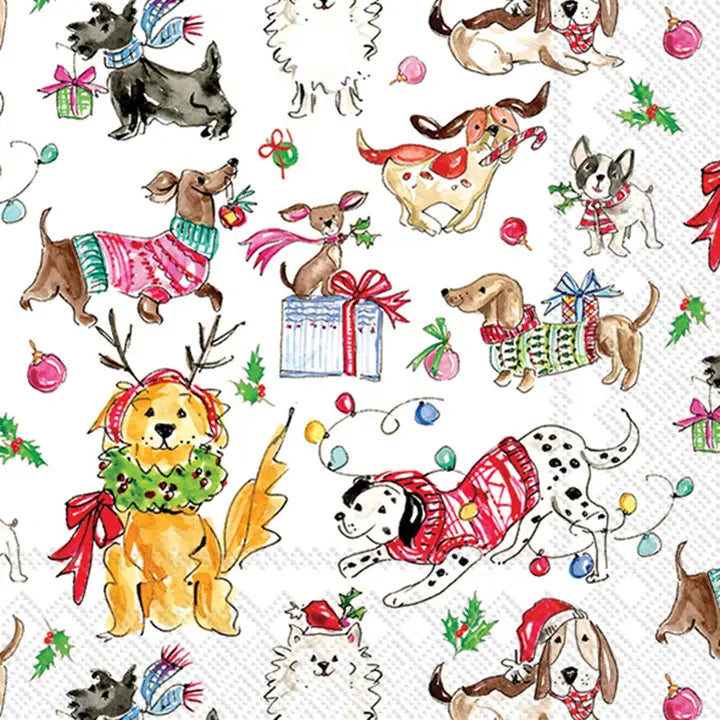 Pattern of Christmas-themed dogs with festive elements on a white background