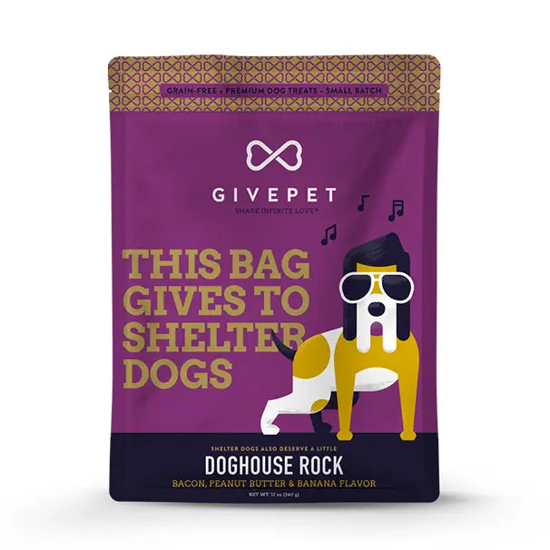 Dog food package by Givepet with a purple background and dog illustration.