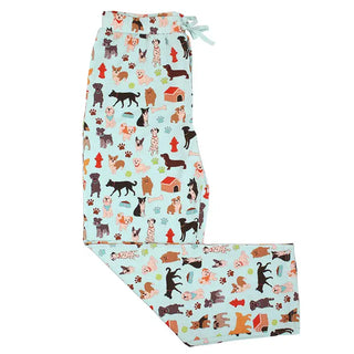 Pajama pants with dog pattern on a light blue background