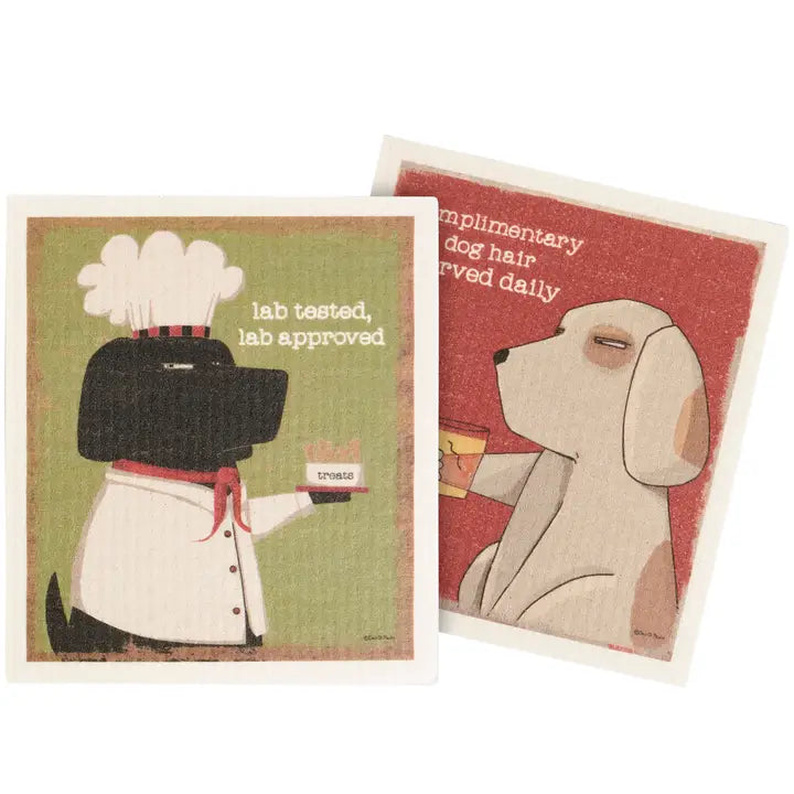 Two dog-themed kitchen towels with cartoon characters on a white background