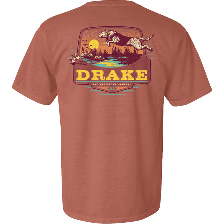 A heathered terracotta short-sleeve t-shirt shown from the back, featuring a large vintage-style graphic with a jumping dog, a duck, and the text &