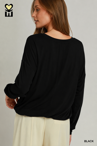 Double Lined Bubble Hem Long Sleeve Top in Black